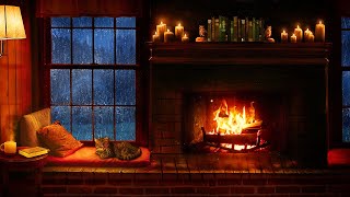 Cozy Cabin Ambience  Rain and Fireplace Sounds at Night 8 Hours for Sleeping Reading Relaxation [upl. by Alakcim]