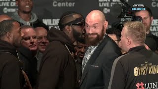 FACEOFF Deontay Wilder and Tyson Fury push each other and thrown off stage [upl. by Erinn]