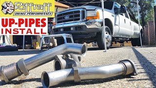 2001 F350 73  RiffRaff UpPipes Install  Stock up pipes leaking and falling apart JUNK SP [upl. by Asyal]